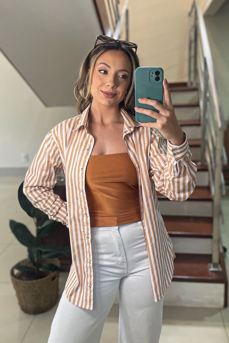 Camisa Máxi Conforto Listras Branco e Amarelo Mel