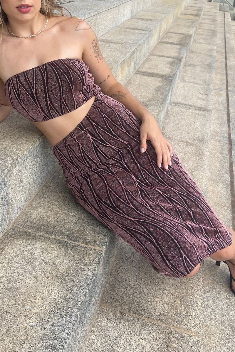 Vestido Midi Assimétrico Lurex Rosa