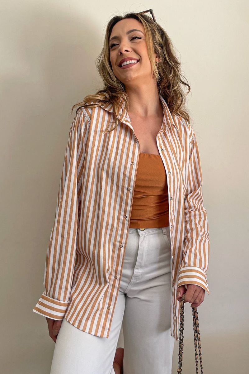 Camisa Máxi Conforto Listras Branco e Amarelo Mel