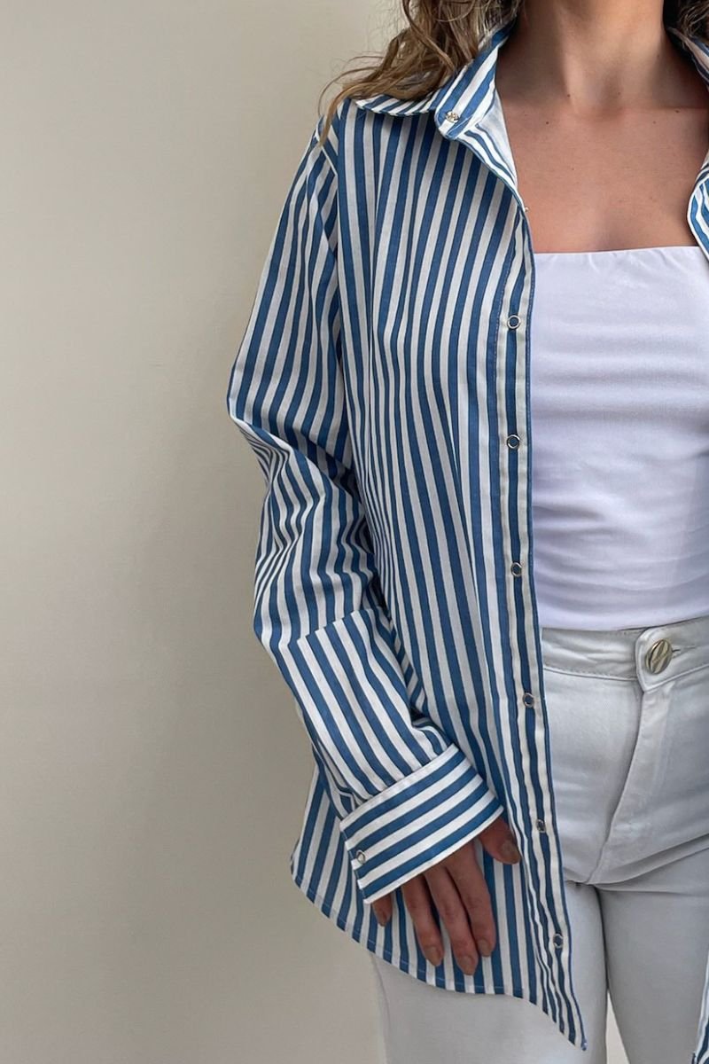 Camisa Máxi Conforto Listras Branco e Azul