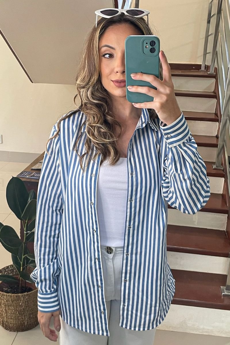 Camisa Máxi Conforto Listras Branco e Azul