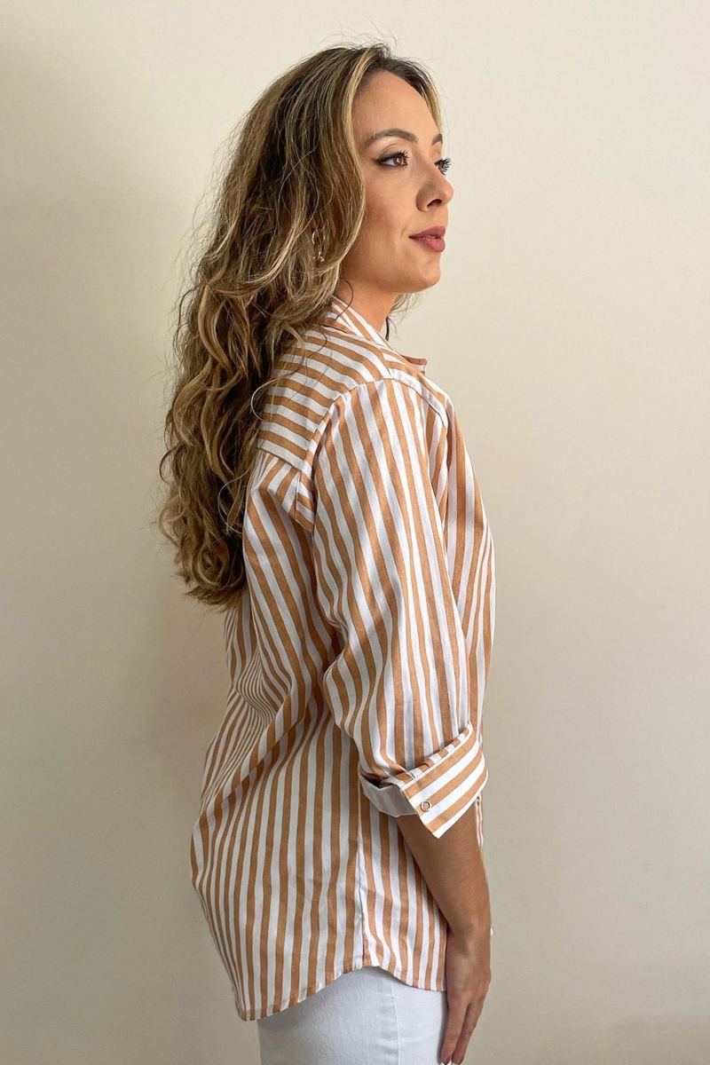 Camisa Máxi Conforto Listras Branco e Amarelo Mel