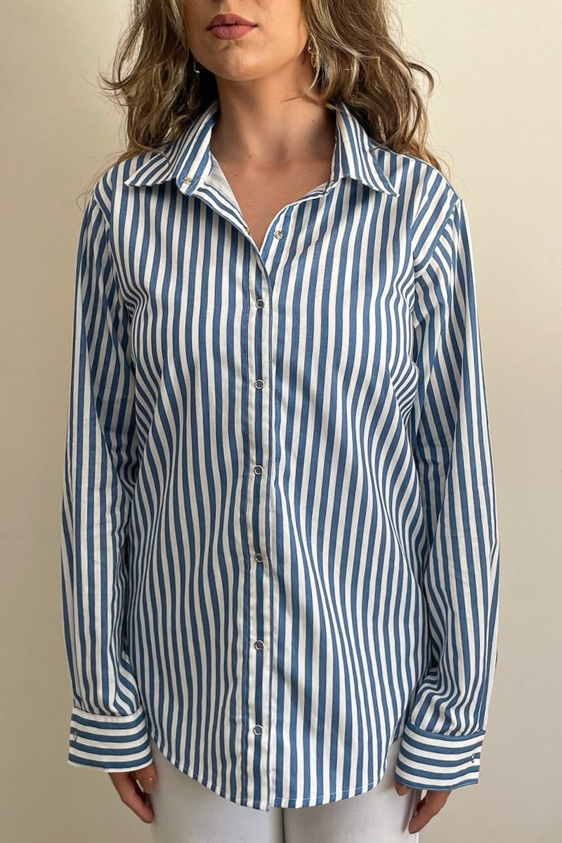 Camisa Máxi Conforto Listras Branco e Azul