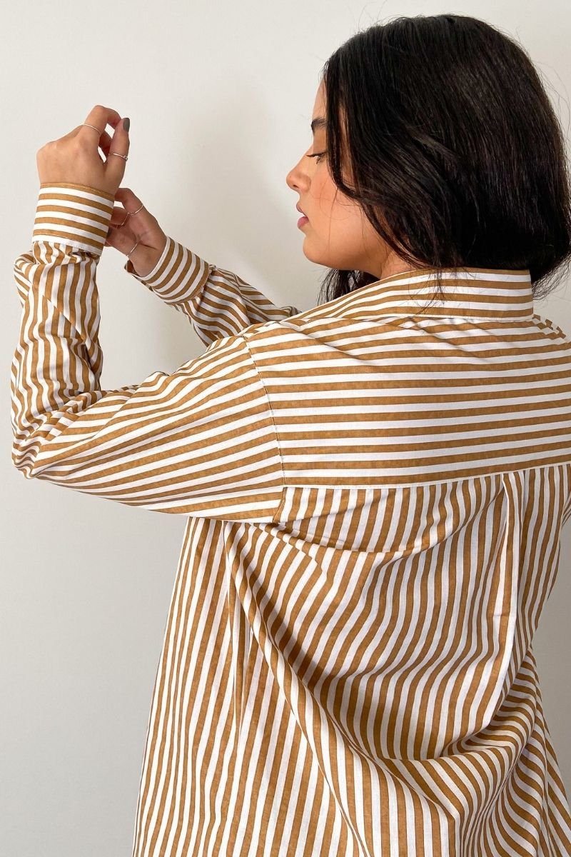 Camisa Máxi Conforto Listras Branco e Amarelo Mel