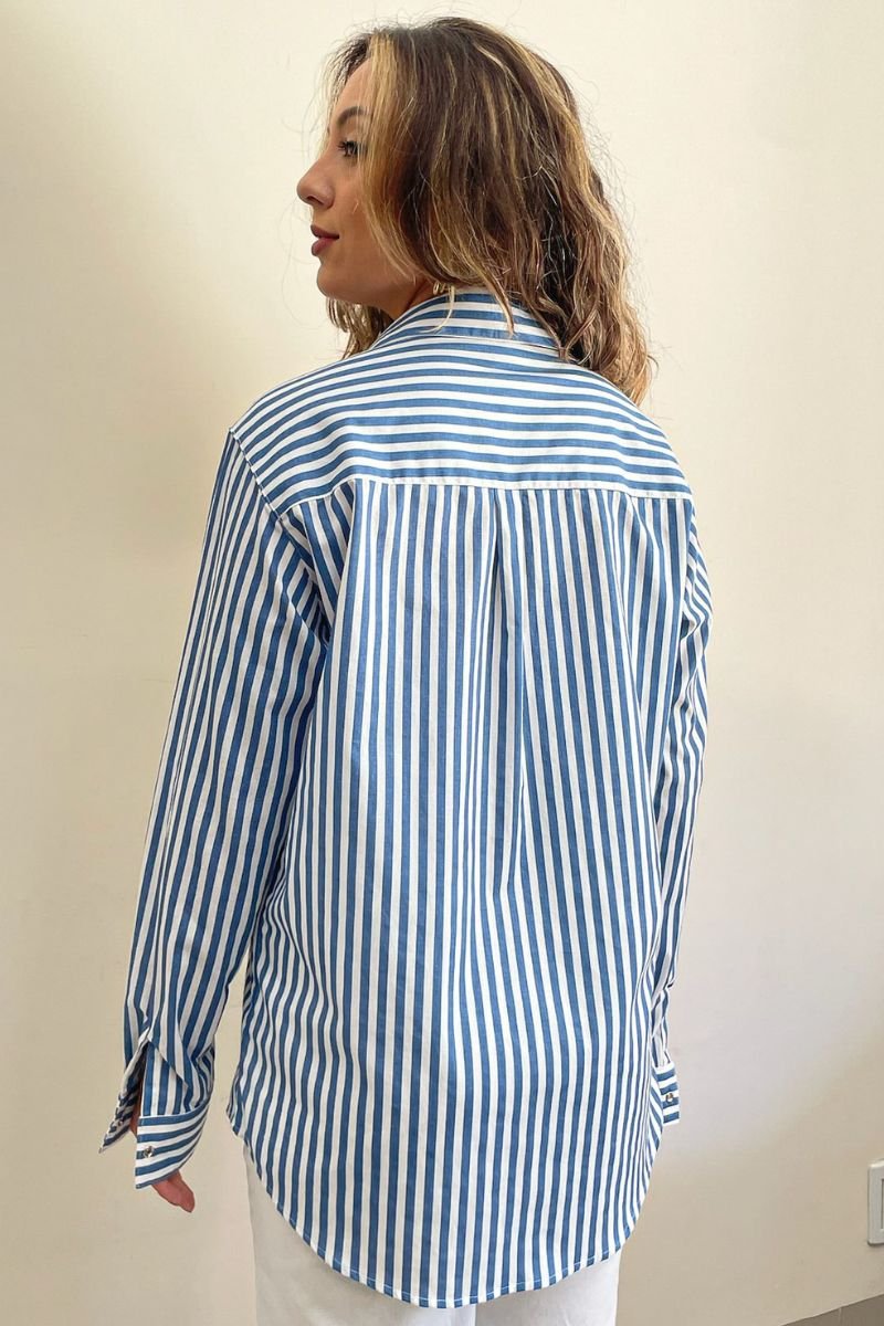 Camisa Máxi Conforto Listras Branco e Azul