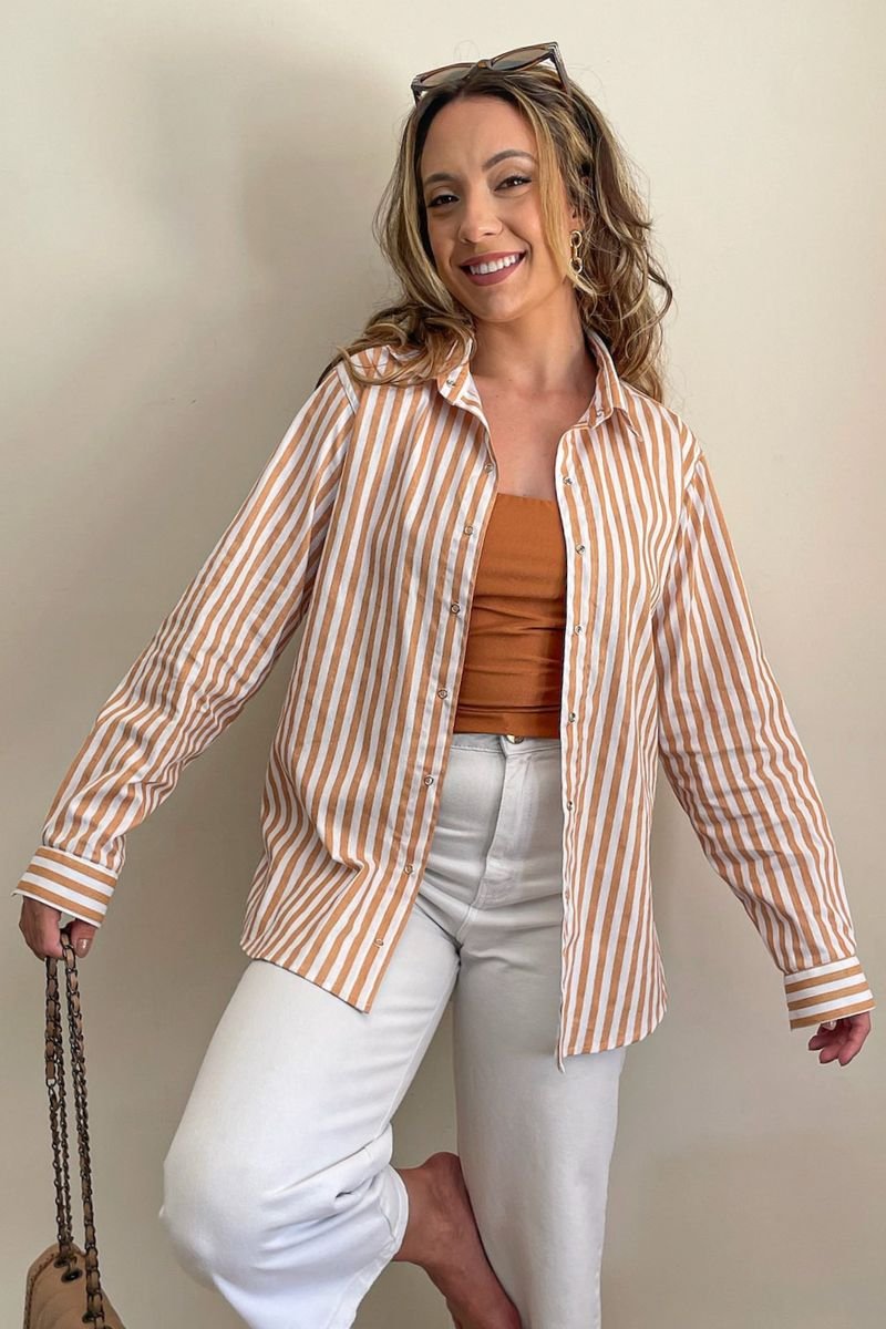 Camisa Máxi Conforto Listras Branco e Amarelo Mel