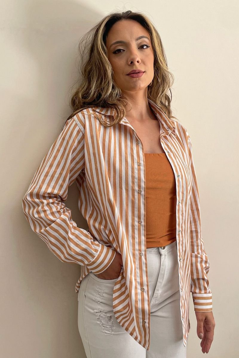Camisa Máxi Conforto Listras Branco e Amarelo Mel