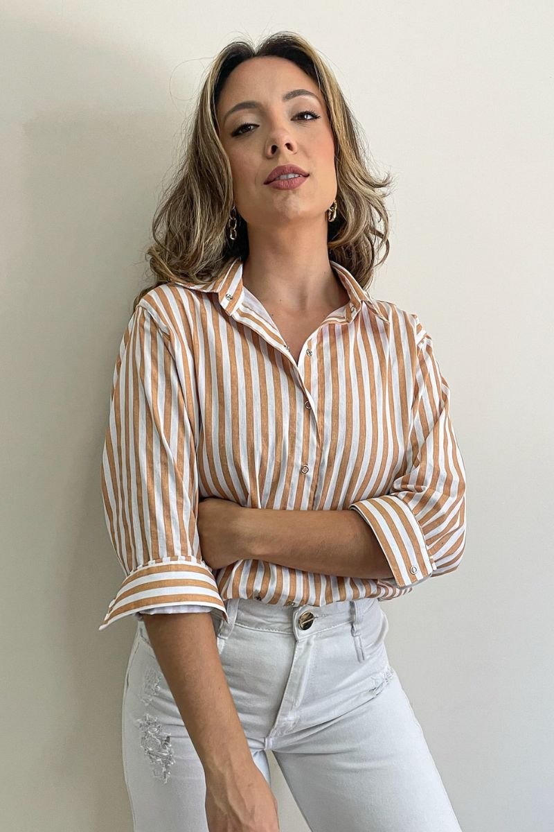 Camisa Máxi Conforto Listras Branco e Amarelo Mel
