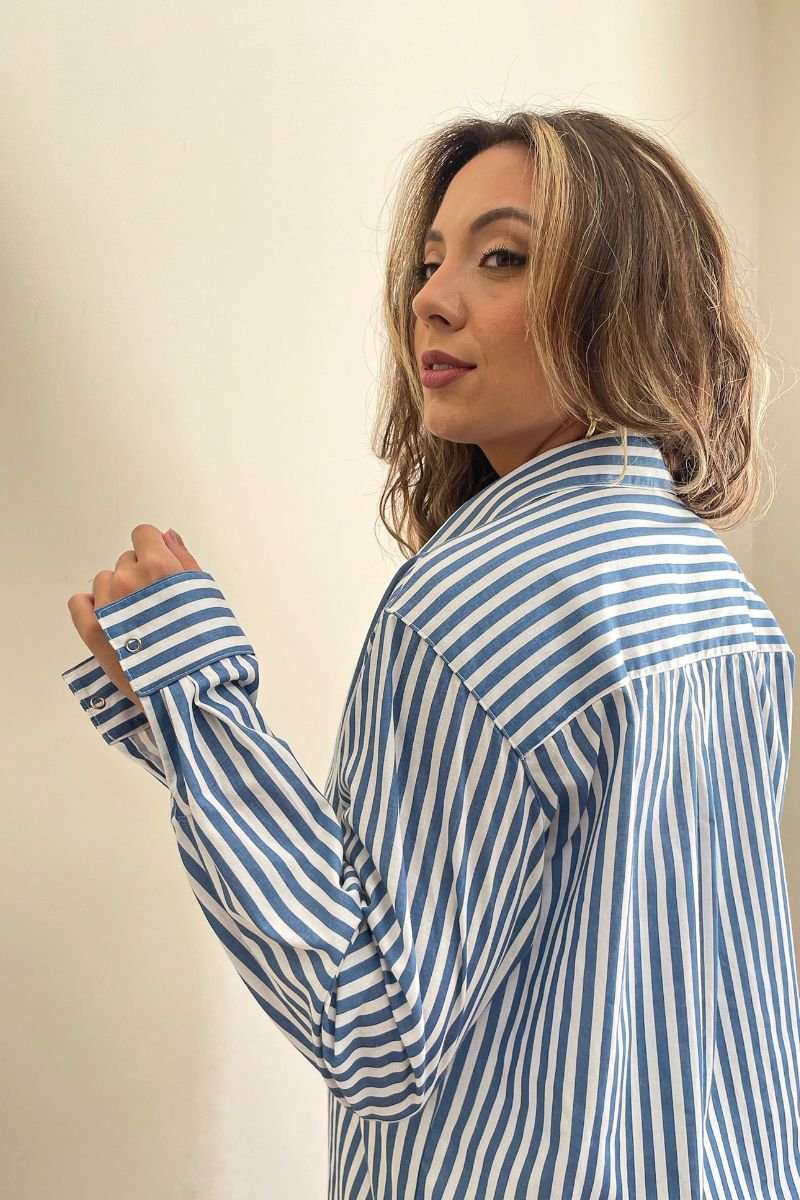 Camisa Máxi Conforto Listras Branco e Azul