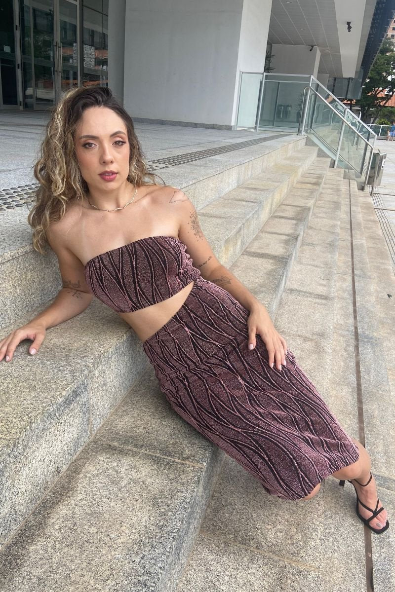 Vestido Midi Assimétrico Lurex Rosa