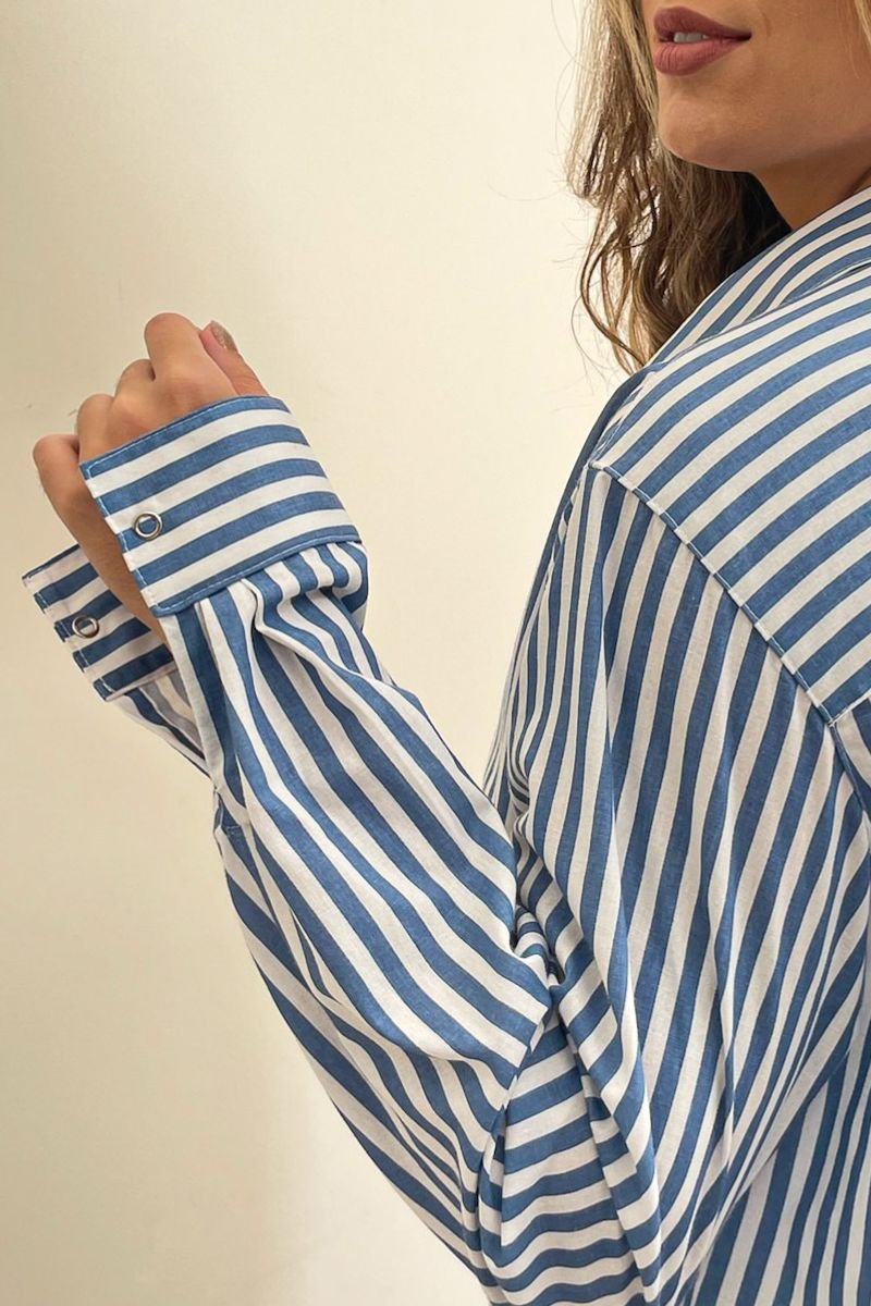 Camisa Máxi Conforto Listras Branco e Azul