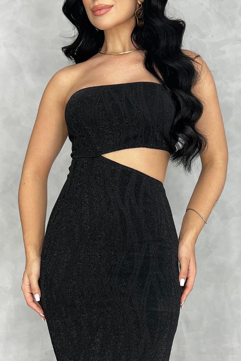 Vestido Midi Assimétrico Lurex Preto