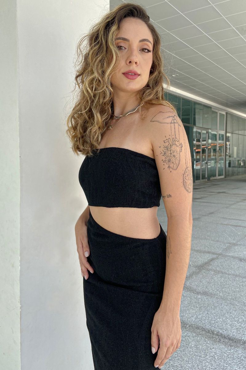 Vestido Midi Assimétrico Lurex Preto