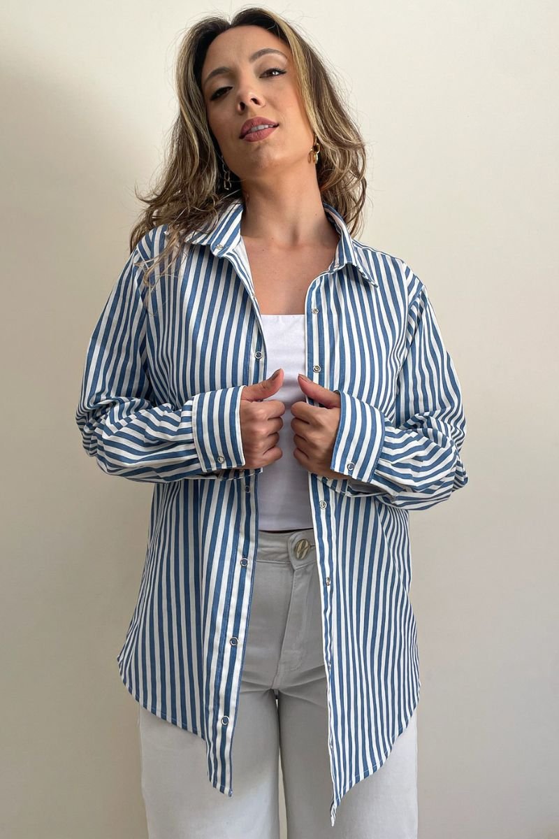 Camisa Máxi Conforto Listras Branco e Azul