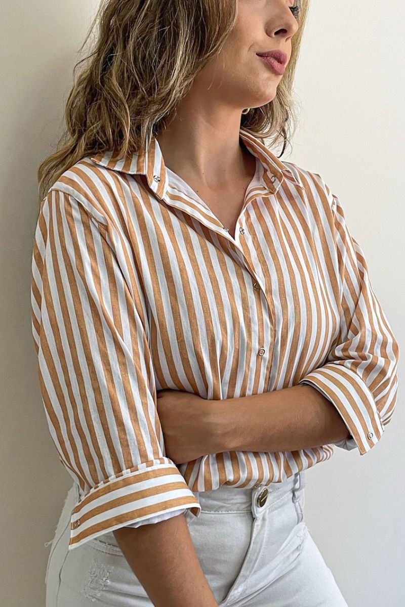 Camisa Máxi Conforto Listras Branco e Amarelo Mel