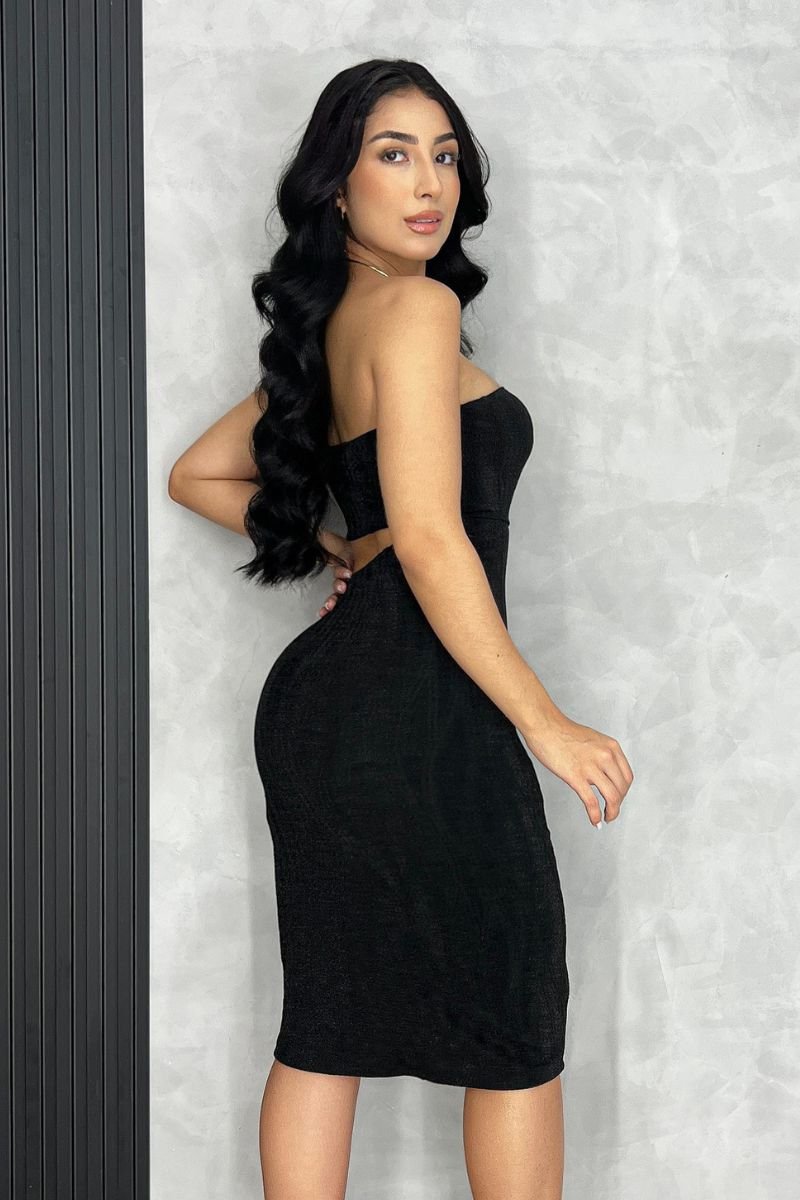 Vestido Midi Assimétrico Lurex Preto
