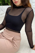 Blusa Tule Manga Longa e Gola com Top Preta