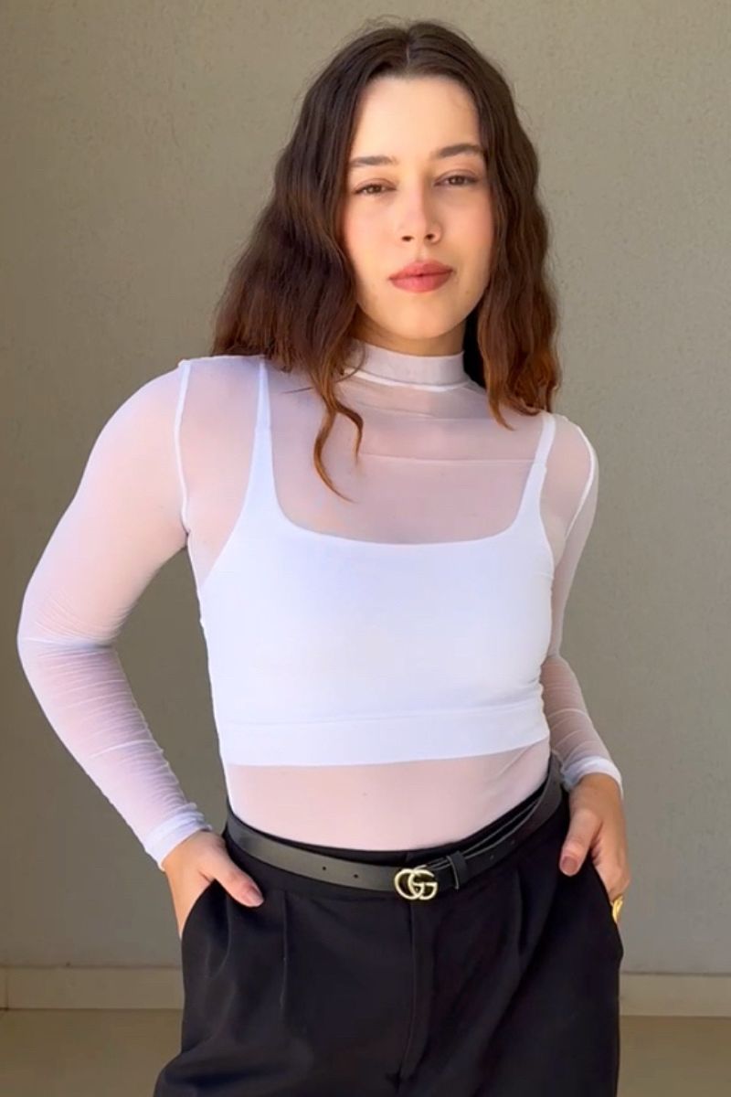 Blusa Tule Manga Longa e Gola com Top Branca