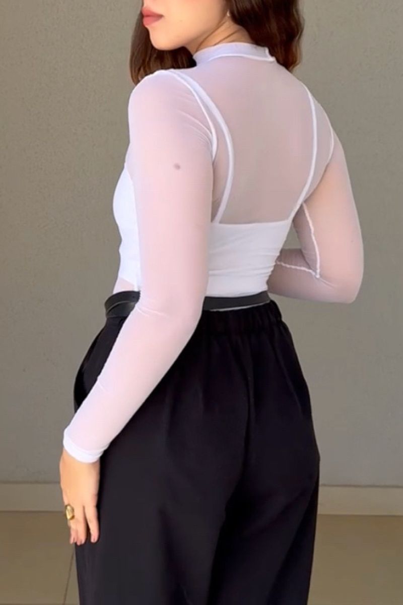 Blusa Tule Manga Longa e Gola com Top Branca