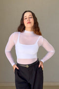 Blusa Tule Manga Longa e Gola com Top Branca