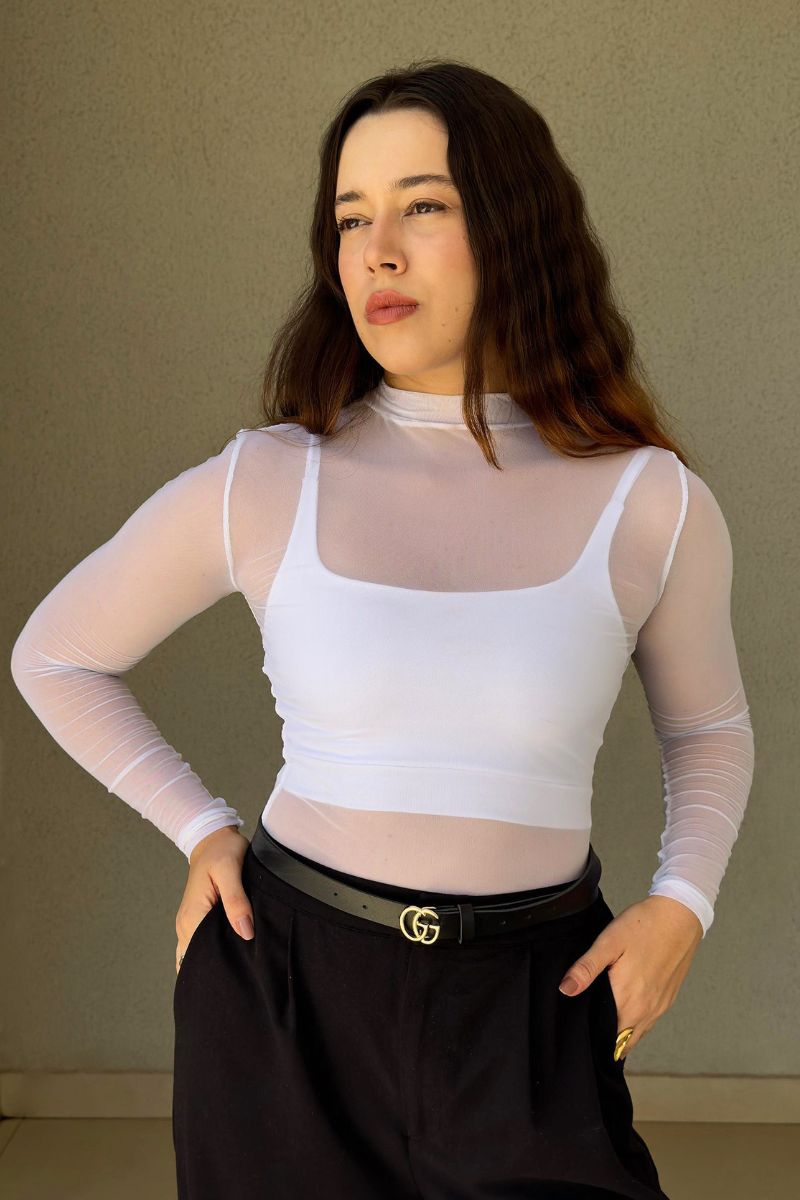 Blusa Tule Manga Longa e Gola com Top Branca