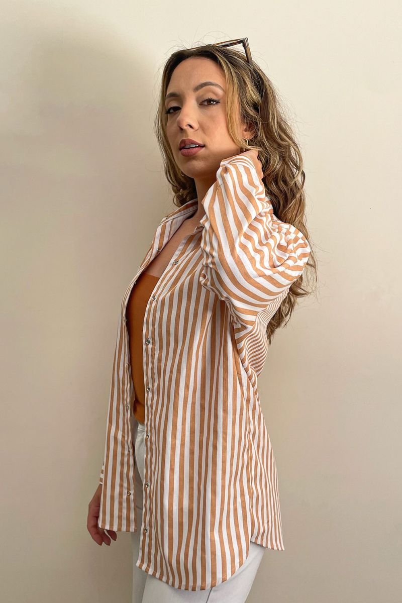Camisa Máxi Conforto Listras Branco e Amarelo Mel